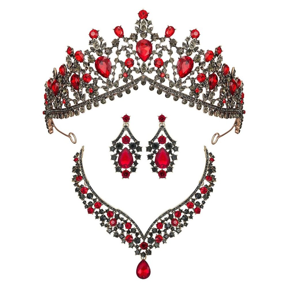 NEW Sparkling Bling Crystal Rhinestone Tiara Necklace Set: Ruby Red + FR… - Picture 3 of 16